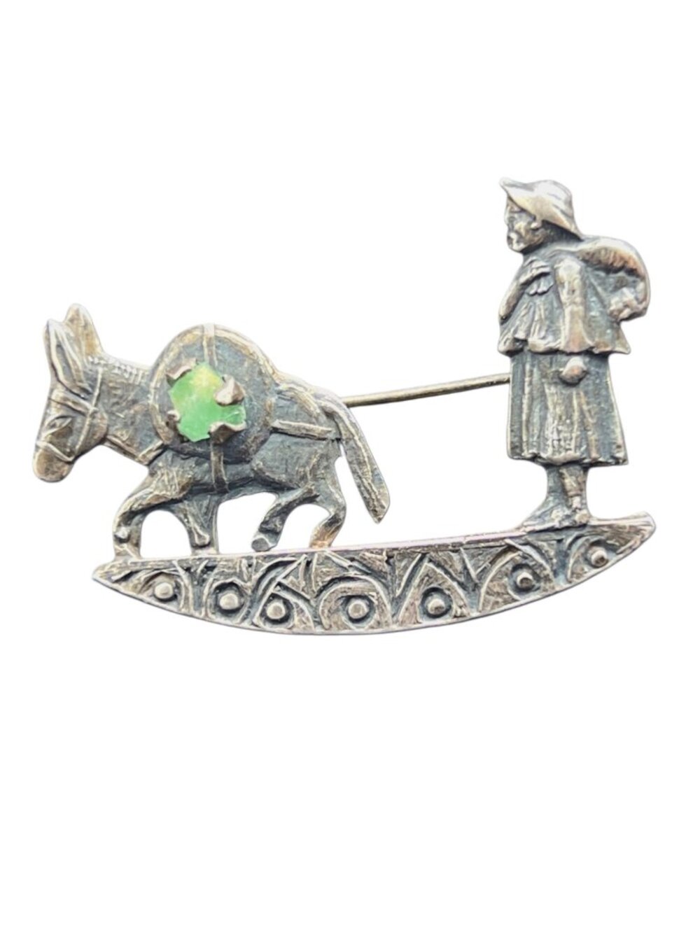 Vintage 900 Silver Donkey & Farmer Pin Brooch With Green Stone Accent